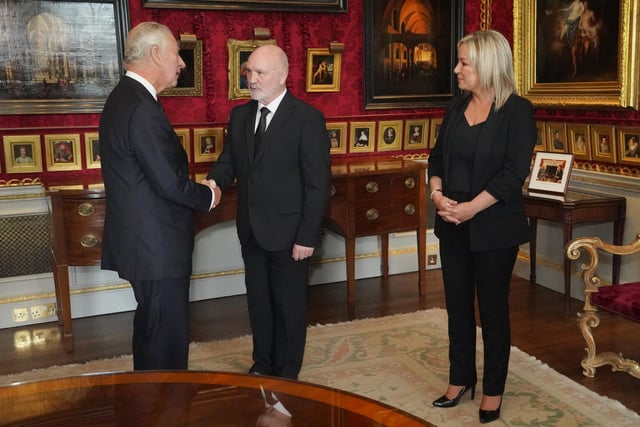 King Charles III meeting Northern Ireland Assembly Speaker Alex Maskey and Sinn Fein Vice President Michelle O'Neill at Hillsborough Castle, Co Down. Picture date: Tuesday September 13, 2022.