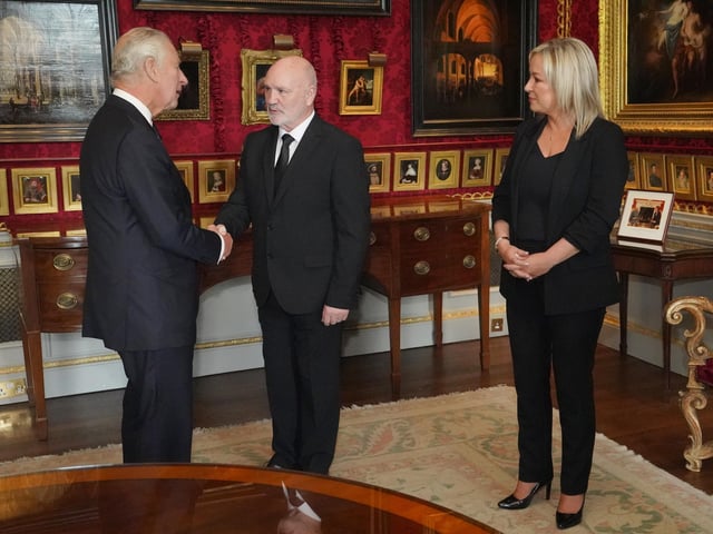 King Charles III meeting Northern Ireland Assembly Speaker Alex Maskey and Sinn Fein Vice President Michelle O'Neill at Hillsborough Castle, Co Down. Picture date: Tuesday September 13, 2022.