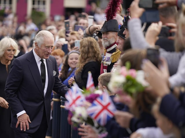King Charles III and the Queen Consort meeting wellwishers outside Hillsborough Castle, Co Down, following the death of Queen Elizabeth II on Thursday. Picture date: Tuesday September 13, 2022.