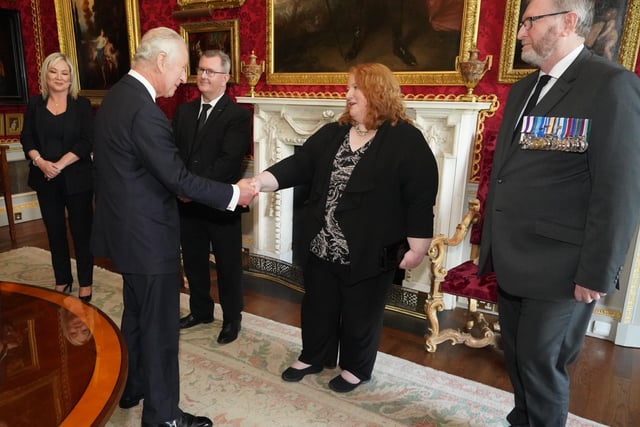 King Charles III shaking hands with Alliance Party Leader Naomi Long as Sinn Fein Vice President Michelle O'Neill, DUP leader Jeffrey Donaldson and UUP leader Doug Beattie look on at Hillsborough Castle, Co Down. Picture date: Tuesday September 13, 2022.