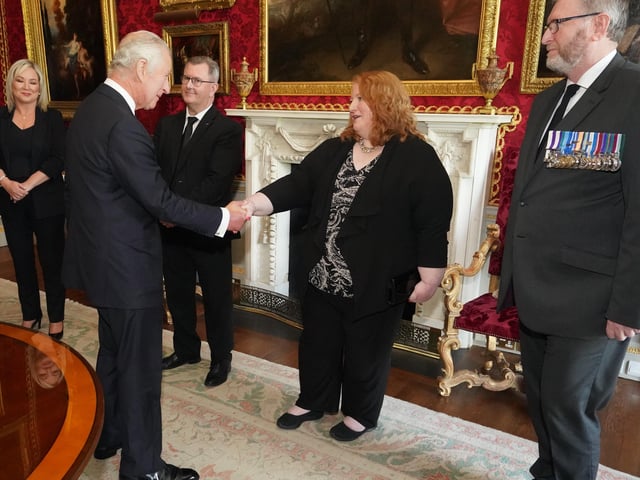 King Charles III shaking hands with Alliance Party Leader Naomi Long as Sinn Fein Vice President Michelle O'Neill, DUP leader Jeffrey Donaldson and UUP leader Doug Beattie look on at Hillsborough Castle, Co Down. Picture date: Tuesday September 13, 2022.