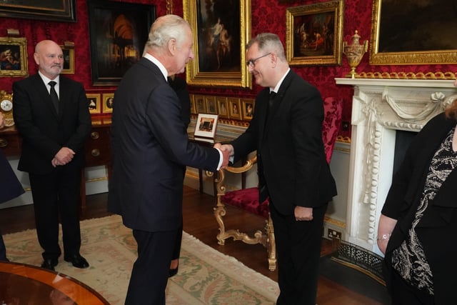 King Charles III meeting DUP leader Jeffrey Donaldson as Northern Ireland Assembly Speaker Alex Maskey and Alliance Party Leader Naomi Long look on at Hillsborough Castle, Co Down. Picture date: Tuesday September 13, 2022.