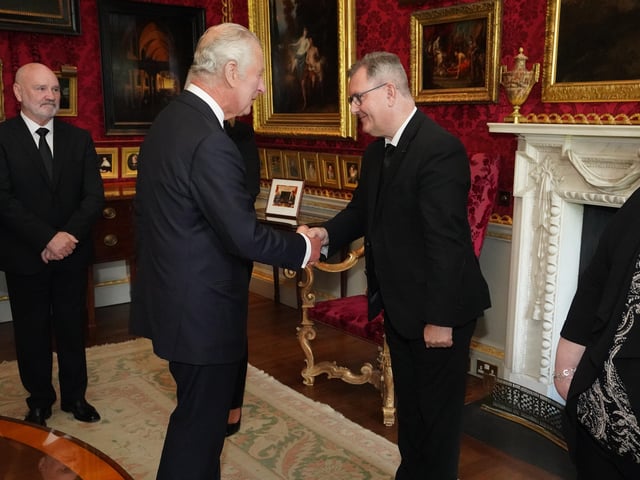 King Charles III meeting DUP leader Jeffrey Donaldson as Northern Ireland Assembly Speaker Alex Maskey and Alliance Party Leader Naomi Long look on at Hillsborough Castle, Co Down. Picture date: Tuesday September 13, 2022.