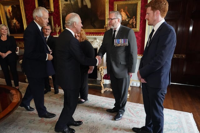 King Charles III shaking hands with UUP leader Doug Beattie at Hillsborough Castle, Co Down. Picture date: Tuesday September 13, 2022.