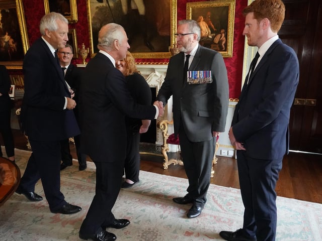 King Charles III shaking hands with UUP leader Doug Beattie at Hillsborough Castle, Co Down. Picture date: Tuesday September 13, 2022.
