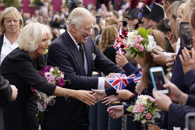 King Charles III meeting wellwishers as he arrives for a visit to Hillsborough Castle, Co Down, following the death of Queen Elizabeth II on Thursday. Picture date: Tuesday September 13, 2022.