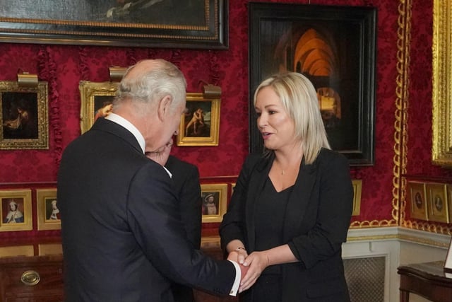 King Charles III meeting Sinn Fein Vice President Michelle O'Neill at Hillsborough Castle, Co Down. Picture date: Tuesday September 13, 2022.