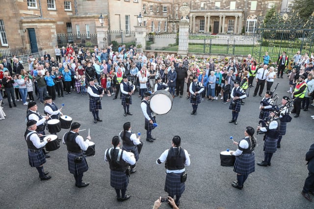 The Frontier Pipes and Drums performing outside Hillsborough Castle. Pic by Norman Briggs, rnbphotographyni