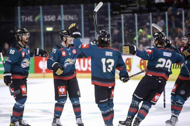 Belfast Giants' Will Cullen #55 celebrates scoring against Ocelari Trinec during last Sunday's Champions Hockey League game at the SSE Arena, Belfast