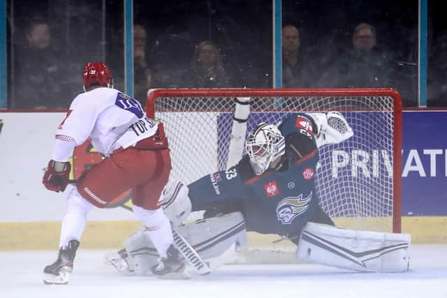 Belfast Giants' Peyton Jones #33 saves a shot from Ocelari Trinecs Libor Hudacek #79 during the shootout during last Sunday afternoon's Champions Hockey League game at the SSE Arena, Belfast
