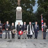 Members of Lisburn Branch Royal British Legion with Mr. Freddie Hall, Deputy Lord Lieutenant of County Antrim & The Rev Nicholas Dark Branch Chaplain at the Act of Remembrance for Her Majesty Queen Elizabeth II. Pic by Norman Briggs, rnbphotographyni