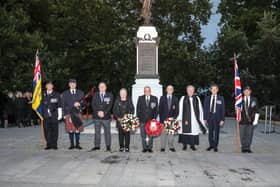 Members of Lisburn Branch Royal British Legion with Mr. Freddie Hall, Deputy Lord Lieutenant of County Antrim & The Rev Nicholas Dark Branch Chaplain at the Act of Remembrance for Her Majesty Queen Elizabeth II. Pic by Norman Briggs, rnbphotographyni