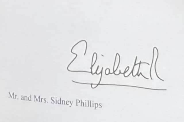 Part of the congratulations card sent to the happy couple from Her Majesty the Queen