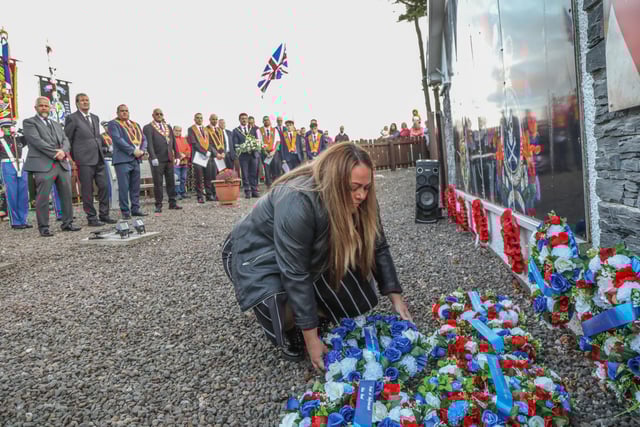 Michelle Glasgow laid a wreath on behalf of the Ballymacash Regeneration Network. Pic by Norman Briggs, rnbphotographyni