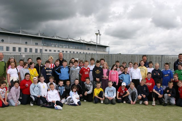 Pupils from Braidside Integrated Primary School and Hazlewood Integrated Primary School Belfast, who took part in a football fun day at Ballymena Showgrounds and the Ecos Centre, which is organised as part of the Ballymena United Football in the Community Scheme, with Ballymena United manager Tommy Wright and Coaches Jim Hagan and Geoff Montgomery. BT20170CS
