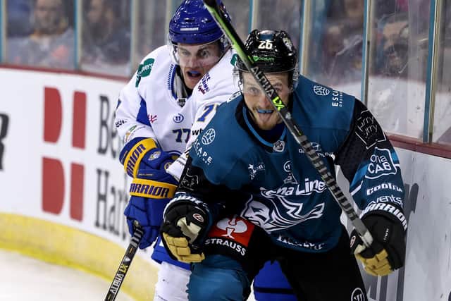Belfast Giants' Mark Cooper with Fife Flyers' Brayden Sherbinin during last Saturday's Challenge Cup game at the SSE Arena, Belfast. Picture by William Cherry/Presseye