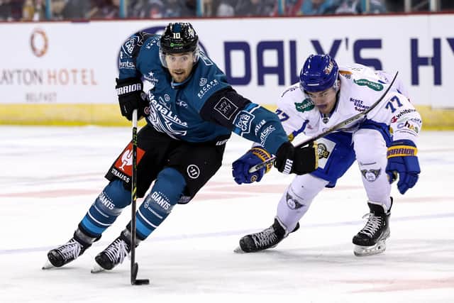 Belfast Giants' Scott Conway with Fife Flyers' Brayden Sherbinin during last Saturday's Challenge Cup game at the SSE Arena, Belfast. Picture by William Cherry/Presseye