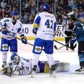 Belfast Giants' David Goodwin with Fife Flyers' Shane Owen during last Saturday's Challenge Cup game at the SSE Arena, Belfast. Picture by William Cherry/Presseye