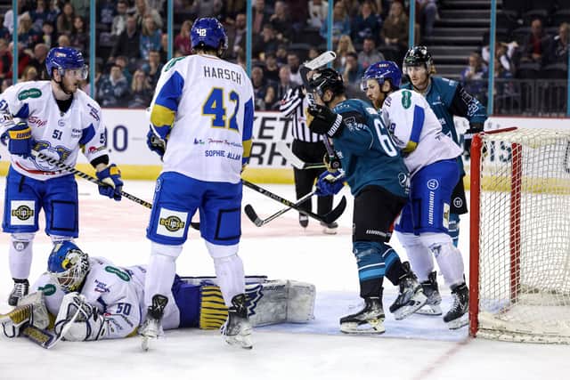 Belfast Giants' David Goodwin with Fife Flyers' Shane Owen during last Saturday's Challenge Cup game at the SSE Arena, Belfast. Picture by William Cherry/Presseye