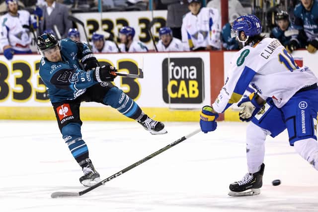 Belfast Giants' Gabe Bast with Fife Flyers' Chris Lawerence during last Saturday's Challenge Cup game at the SSE Arena, Belfast. Picture by William Cherry/Presseye