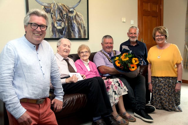 Alex and Agnes McElreavey who celebrated their 70th wedding anniversary on September 10 pictured with the Mayor of Causeway Coast and Glens Borough Council, Councillor Ivor Wallace, and their three children, Valerie, John and Kenneth