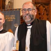 The Rev Lee Boal at his ordination as a deacon intern with the Bishop of Connor, the Rt Rev George Davison. Photo by Norman Briggs.