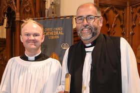 The Rev Lee Boal at his ordination as a deacon intern with the Bishop of Connor, the Rt Rev George Davison. Photo by Norman Briggs.