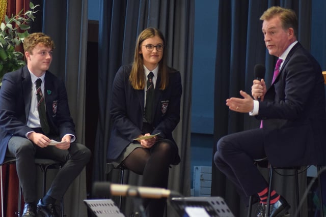 Head Boy Harry Hughes and Head Girl Georgie McLenaghan interviewing Mark Carruthers