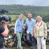 American TV presenter Samantha Brown with stone mason Nathan Morrow; and Ruth Moran, Tourism Ireland, during filming at Glenarm Castle for her award-winning travel programme, Places to Love, whch will be shown to millions of people across the USA during prime time on PBS (Public Broadcasting Service).