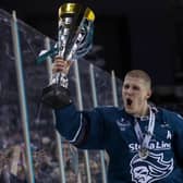 Giants' Kevin Raine  celebrates winning the Challenge Cup after defeating Cardiff Devils with an overtime winner in last season's Challenge Cup Final at the SSE Arena, Belfast. Picture by William Cherry/Presseye