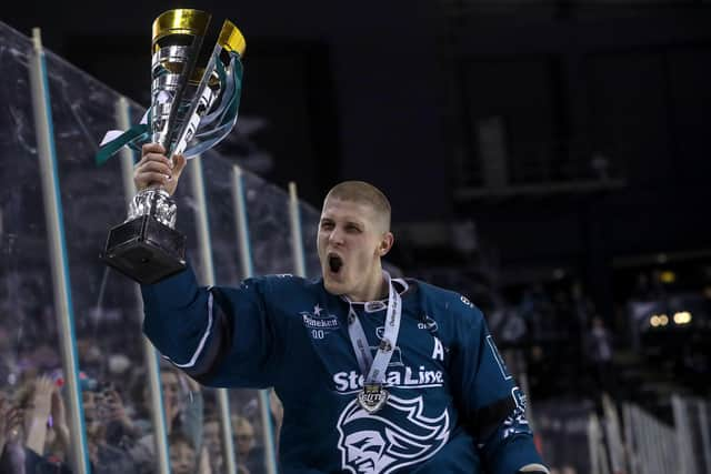 Giants' Kevin Raine  celebrates winning the Challenge Cup after defeating Cardiff Devils with an overtime winner in last season's Challenge Cup Final at the SSE Arena, Belfast. Picture by William Cherry/Presseye