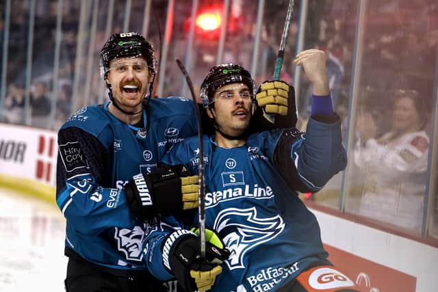 Giants' David Gilbert celebrates scoring against the Dundee Stars during a Challenge Cup game at the SSE Arena, Belfast. 
Picture by William Cherry/Presseye