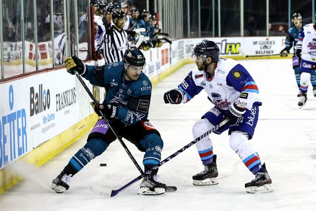 Giants' David Gilbert with Dundee Star' Chris Gerrie during  a Challenge Cup game at the SSE Arena, Belfast. Picture by William Cherry/Presseye