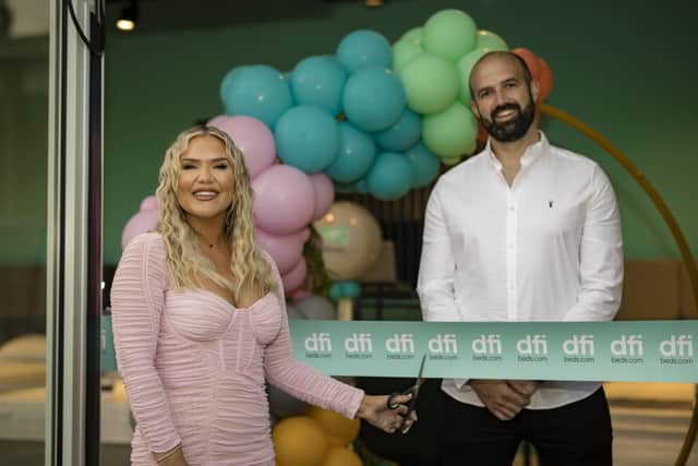 Pictured at the opening of the new store located at the Quays Shopping Centre, Newry, is managing director of DFI Beds, Brian McCann, with influencer and DFI Beds’ collaborator influencer, Erin McGregor