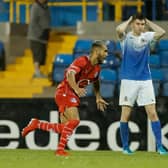 Loughgall's  Pablo Andrade celebrates his goal against Glenavon. Photo Alan Weir/Pacemaker Press