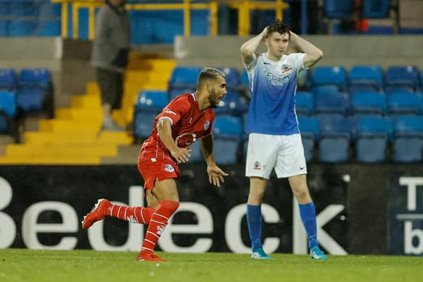 Loughgall's  Pablo Andrade celebrates his goal against Glenavon. Photo Alan Weir/Pacemaker Press