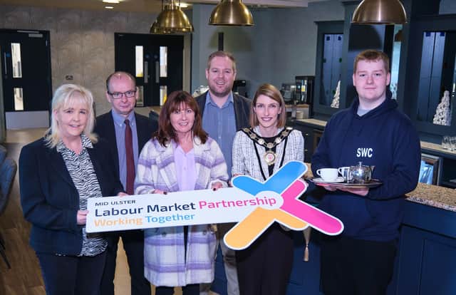 Pictured, from left, are Róisín Sloan, Deputy Director Employability Programmes, Department for Communities, John Moss, South West College, Julie McKeown, Vice Chair of Mid Ulster LMP, David Taylor, South West College, Cllr Córa Corry, Chair of Mid Ulster District Council and Conall Black, Hospitality Student