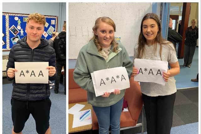 Ben Jordan was delighted to receive A*AA A-Level grades while Rachel Edgar and Lauren Elwood both achieved fantastic grades. Pictures: Lisnagarvey High School.