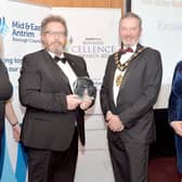 The winner of the Excellence in Innovation Award at the Carrick Business Awards in 2021 was Yelo Ltd. The prize was collected by David Sinclair. Also pictured are Jenny Small, right, VP of Performance and Development Northern Regional College, Mayor, Councillor William McCaughey of principal sponsor Mid & East Antrim Borough Council, Andrena O'Prey, Telesales Manager, Carrick Times. Picture: Tony Hendron