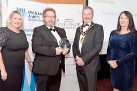 The winner of the Excellence in Innovation Award at the Carrick Business Awards in 2021 was Yelo Ltd. The prize was collected by David Sinclair. Also pictured are Jenny Small, right, VP of Performance and Development Northern Regional College, Mayor, Councillor William McCaughey of principal sponsor Mid & East Antrim Borough Council, Andrena O'Prey, Telesales Manager, Carrick Times. Picture: Tony Hendron