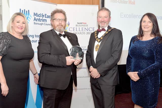 The winner of the Excellence in Innovation Award at the Carrick Business Awards in 2021 was Yelo Ltd. The prize was collected by David Sinclair. Also pictured are Jenny Small, right, VP of Performance and Development Northern Regional College, Mayor, Councillor William McCaughey of principal sponsor Mid & East Antrim Borough Council, Andrena O'Prey, Telesales Manager, Carrick Times. Picture: Tony Hendron