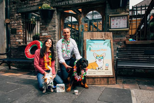 Jackie Kirk from dog treat company Frozzys and Éanna Ó Ceallaigh, general manager, The Dirty Onion announce the return of The Dirty Onion’s popular Pooch Social, with a little help from Pip (left) and Nellie (right).