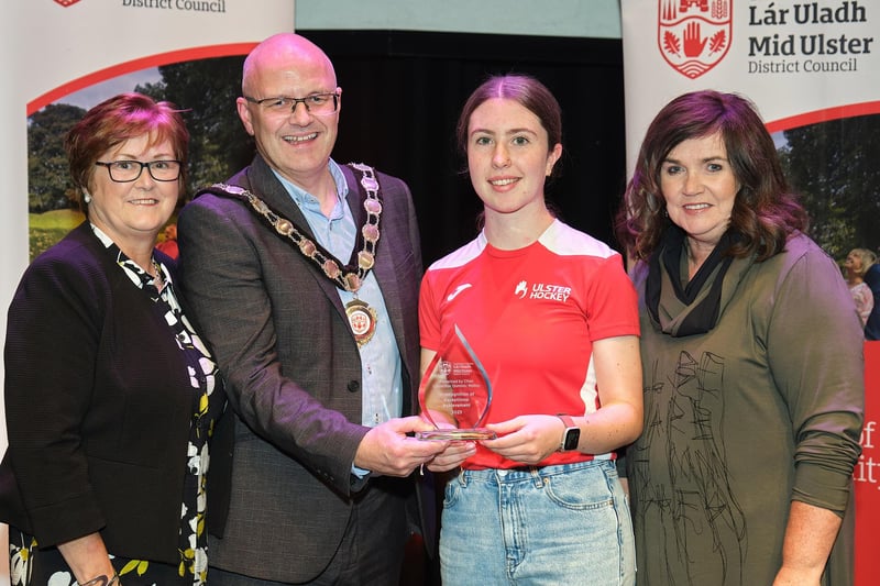 Pictured at the Civic Reception with Chair of the Council, Councillor Dominic Molloy, is Aoife Doyle, Ulster Hockey U16 and U18 and Ireland Hockey U16 team representative. Also pictured are nominating councillors, Councillor Christine McFlynn and Councillor Denise Johnston.