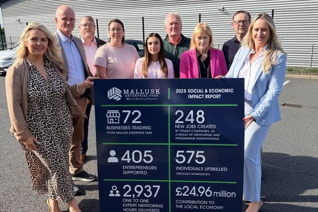 From left: Colleen McAreavey (Business Development Manager), Mark Spence (Director), Iain Patterson (Chairman), Zara Webber (Director), Aimee Sales (Marketing Co-Ordinator), Eugene Reid (Business Mentor), Geraldine Robinson (Finance and Facilities Manager), Peter Weir (Business Adviser) and Emma Garrett (Chief Executive), unveiling that there are 72 business trading from Mallusk Enterprise Park and that £24.96 million has been contributed to the local economy. This includes 248 new jobs created by tenant companies as a result of mentoring and programme innovations. Picture: released by Mallusk Enterprise Park.