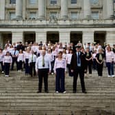 The three joint choirs of Farmers’ Choir Ni, Just Sing and The 85ers who performed at Stormont.