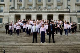 The three joint choirs of Farmers’ Choir Ni, Just Sing and The 85ers who performed at Stormont.