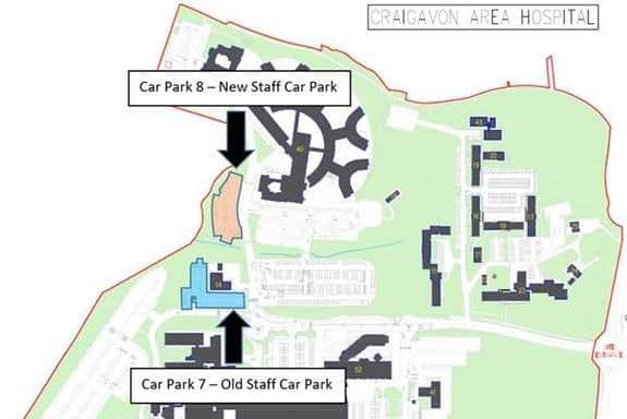 Craigavon Area Hospital, Lurgan Road, Craigavon. A map of part of the car parking system at the hospital.