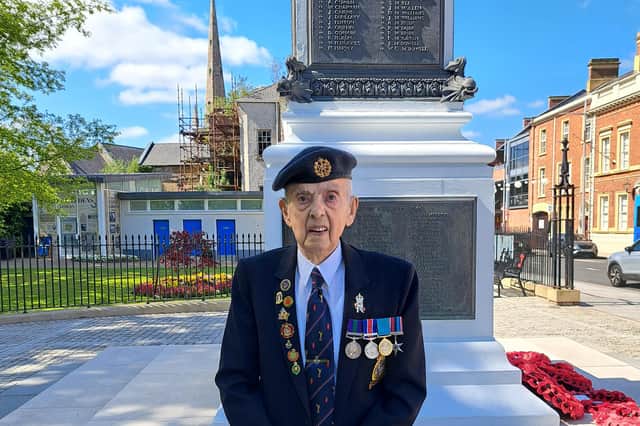 WW2 Royal Air Force veteran Tommy Doherty, now 98, pictured at Lisburn war memorial during VE Day 80 commemorations.