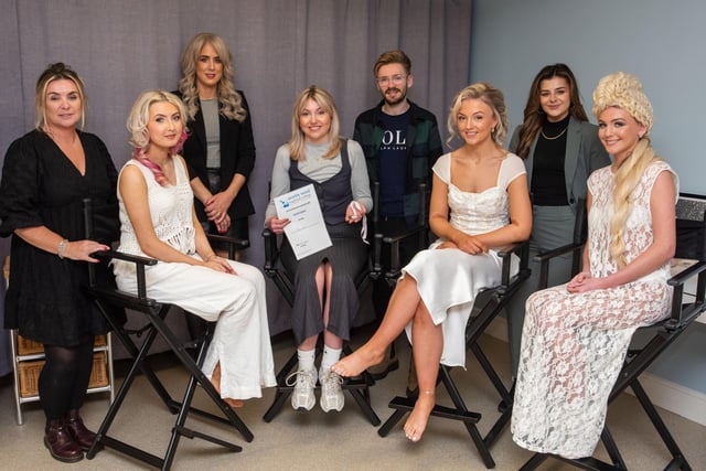 Ruth Smyth, Level 3 Hairdressing student, second in Cut and Colour, pictured with lecturer Joanne Cooke, with models Tia Posten, Lauren McLaughlin and Jane Smyth. Also pictured are: judges Emma Bradley, Christopher Young, and Hannah McCurdy.