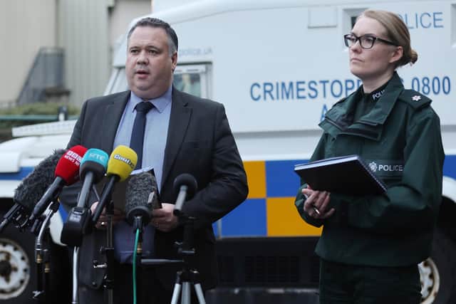 Press Conference is in relation to murder of Shane Whitla in Lord Lurgan Park on 12th January.PSNI Detective Chief Inspector John Caldwell and Superintendent Kellie McMillan speak to the media at Lurgan Police Station, Lurgan. Picture by Jonathan Porter/PressEye